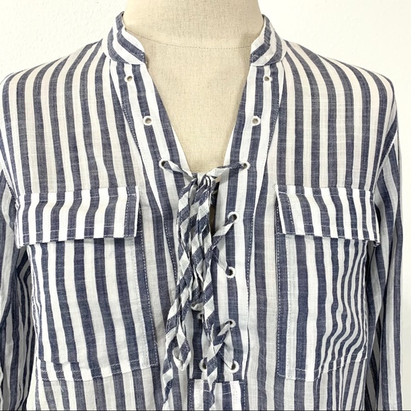 Madewell- Blue White Vertical Stripe Lace Up Top - Picture 8 of 8